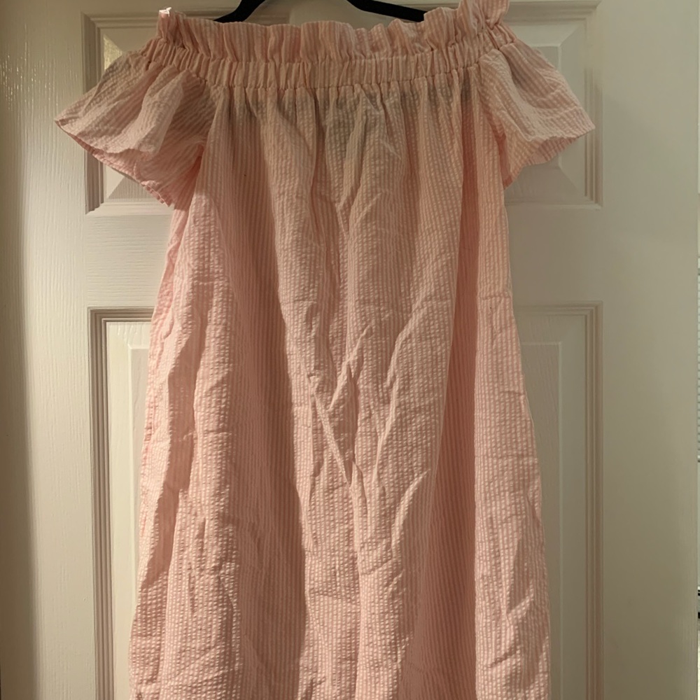 Pink and white off the shoulder dress